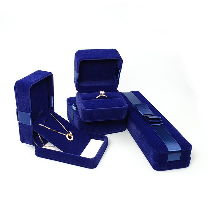 Velvet jewelry boxes bow ribbon blue packing boxes wholesale